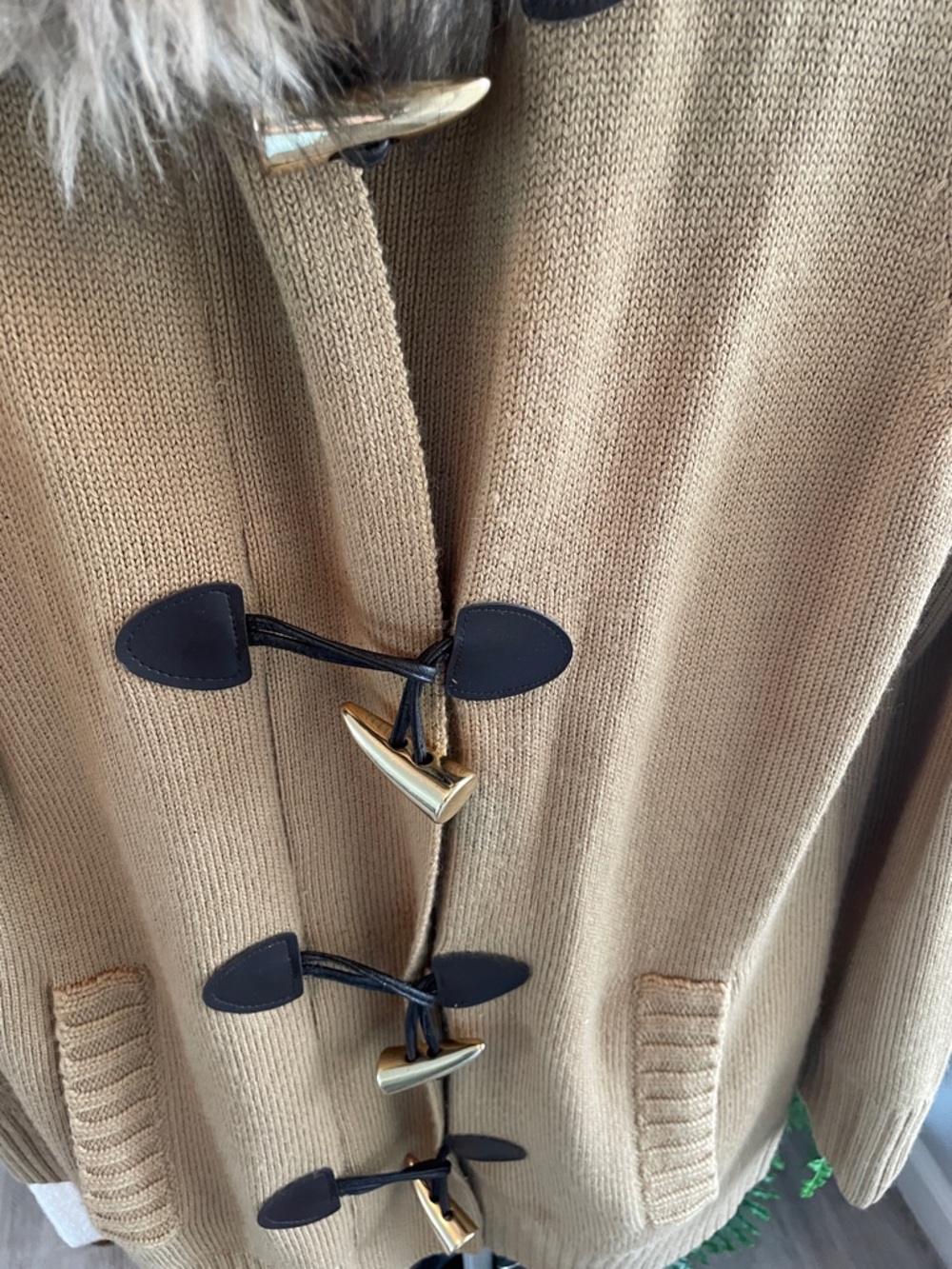 Michael Kors Camel Knit Toggle Cardigan with Faux-Fur Hood Trim - Picture 7 of 8